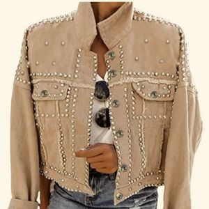 PUWEI Khaki Tan Denim Silver-Tone Rivet Studded Distressed Cropped Jean Jacket
